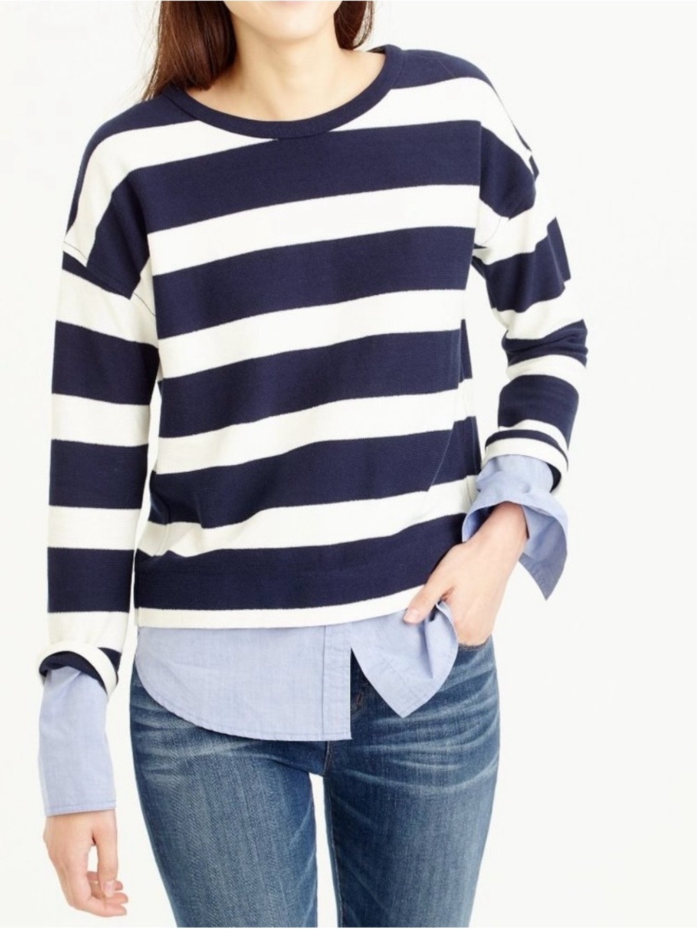 J. Crew Striped Long Sleeve T-Shirt with Shirttail Hem Navy/Chambray/White Small